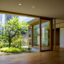 桜新町・緑庭の平屋　リビングから庭を見る　庭を囲むようにL型に居住空間が広がっている